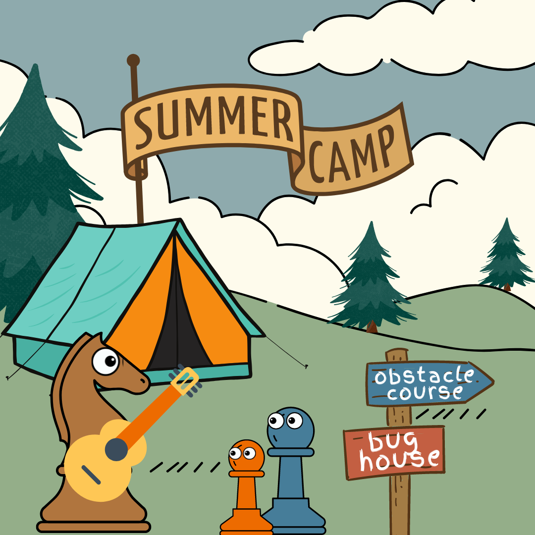 A  cartoon  drawing of a knight playing guitar for some pawns in front of a summer camp tent.